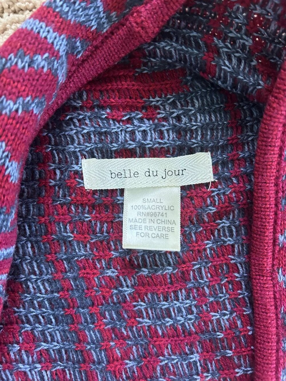belle du jour Red and Blue Tribal Geometric Print Poncho Sweater with Fringe - Picture 3 of 4